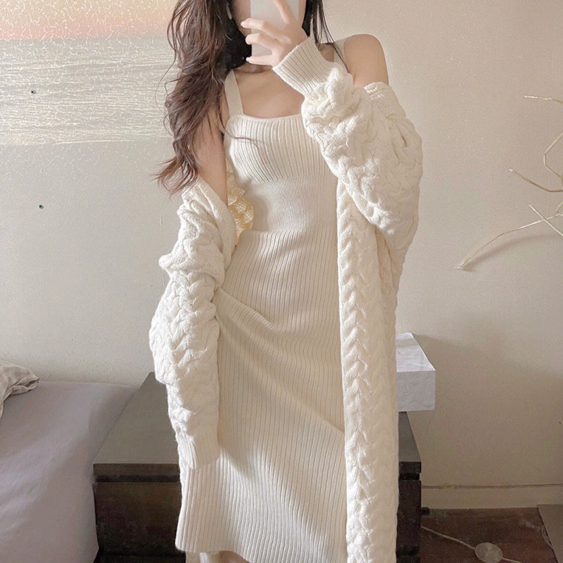 Gentle Milk Glutinous Wind Knitted Suit Dress Female 2023 New Arrival Elegant Mid Length Long Length Cardigan Sweater Skirt Two-piece Set