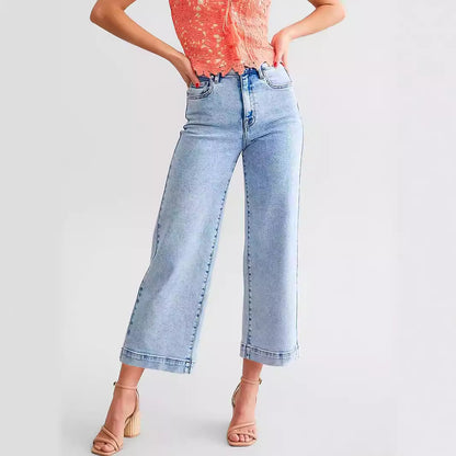 Stretch-Jeans für Damen im Büro, modische Hose mit weitem Bein, verwaschene Stretch-Crop-Jeans