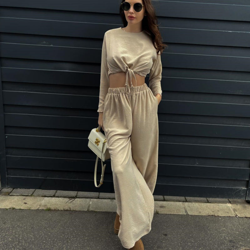 Women Clothing Solid Color Tied Short Long Sleeve Top Wide Leg Pants Two Piece Set