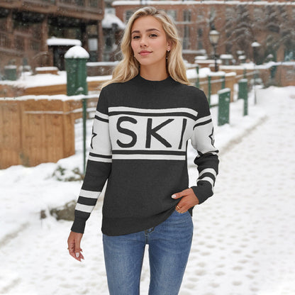 Autumn Winter in Stitching Ski Letter Graphic Half Turtleneck Sweater for Women