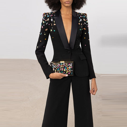 Goods Heavy Industry Beads Colorful Crystals Slim Fit Blazer Bootcut Pants Blazer Suit Set Two Pieces