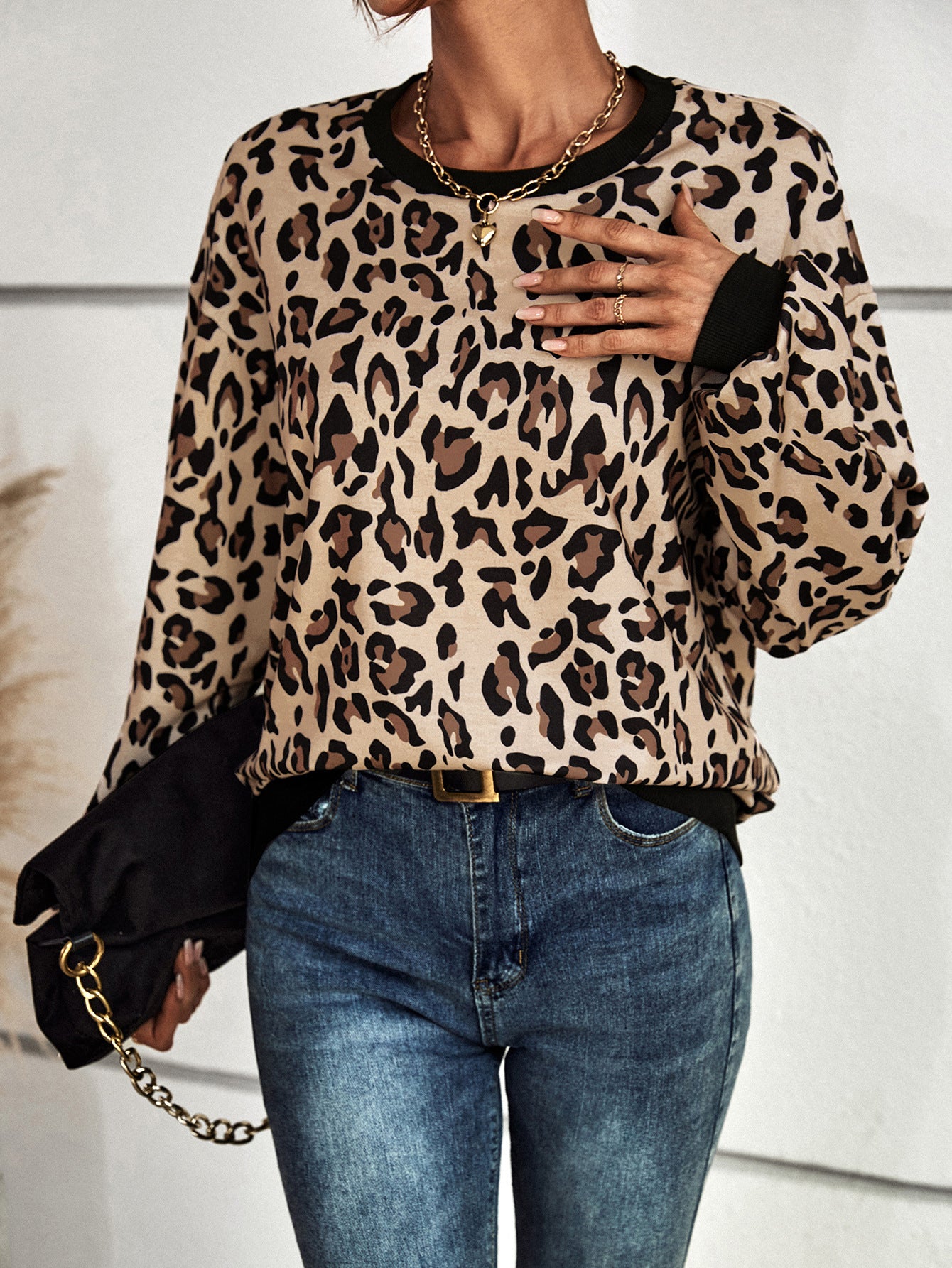 Autumn Winter Women Clothing Leopard Print Long Sleeve Casual Sweatshirt