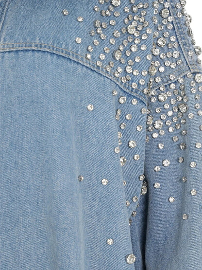 [EAM] Loose Fit Blue Denim Rhinestones Big Size  Jacket New Lapel Long Sleeve Women Coat Fashion Tide Spring Autumn 2024  7AB878