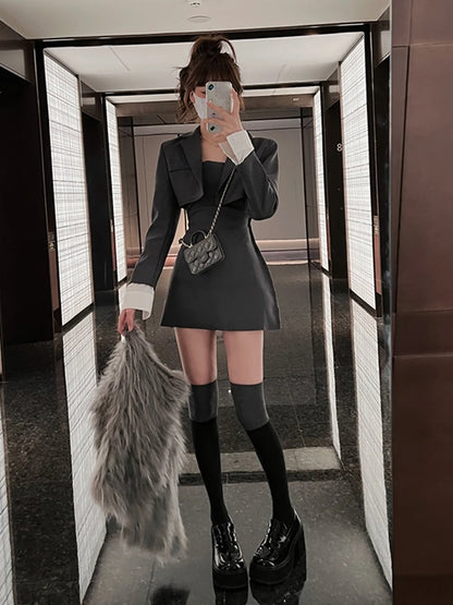 Winter Black Two Piece Dress Set Women Blazer Coat+Strap Dress Set Female Casual Korean Fashion Slim Elegant Dress Suit 2022 New