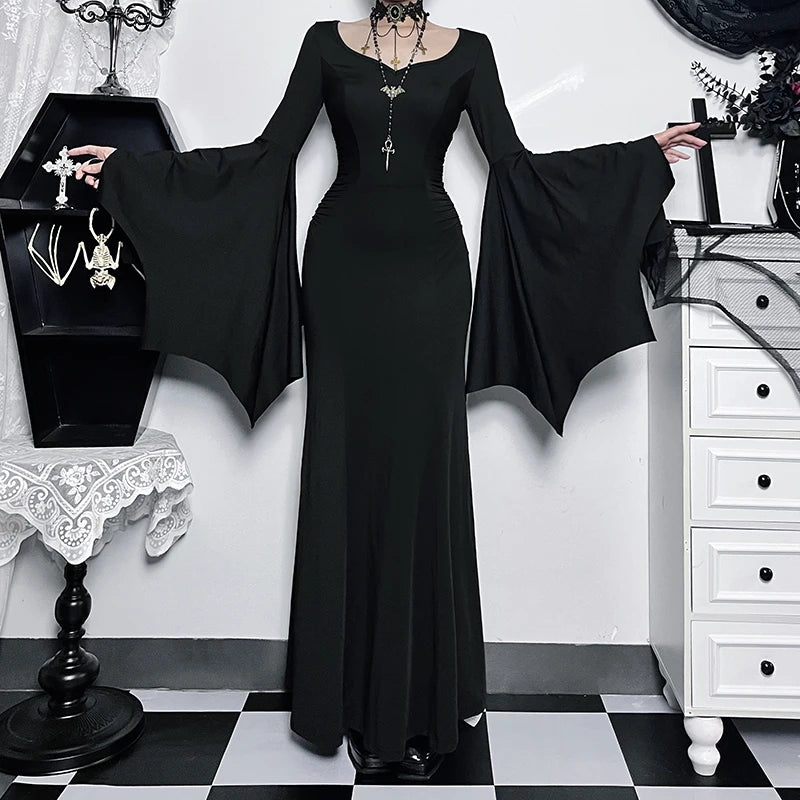 Women's Gothic Addams Family Bat Sleeve Mermaid Dress