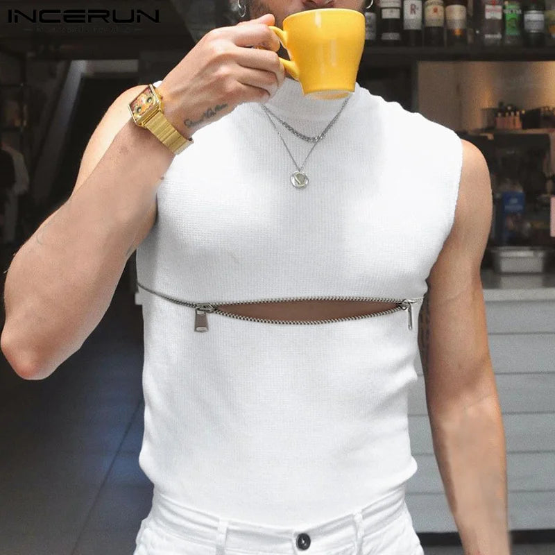 2023 mode herren Tank Tops Rollkragen Einfarbig Ärmellose Streetwear Casual Westen Party Nachtclub Dünne Tops INCERUN S-5XL