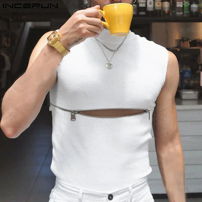 2023 mode herren Tank Tops Rollkragen Einfarbig Ärmellose Streetwear Casual Westen Party Nachtclub Dünne Tops INCERUN S-5XL