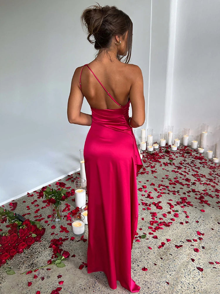 WeiYao Sexy Maxi-Kleider für Damen, 2023, One-Shoulder-Split, figurbetont, rotes Kleid, elegant, Party, Abend, Damen, langes Sommerkleid