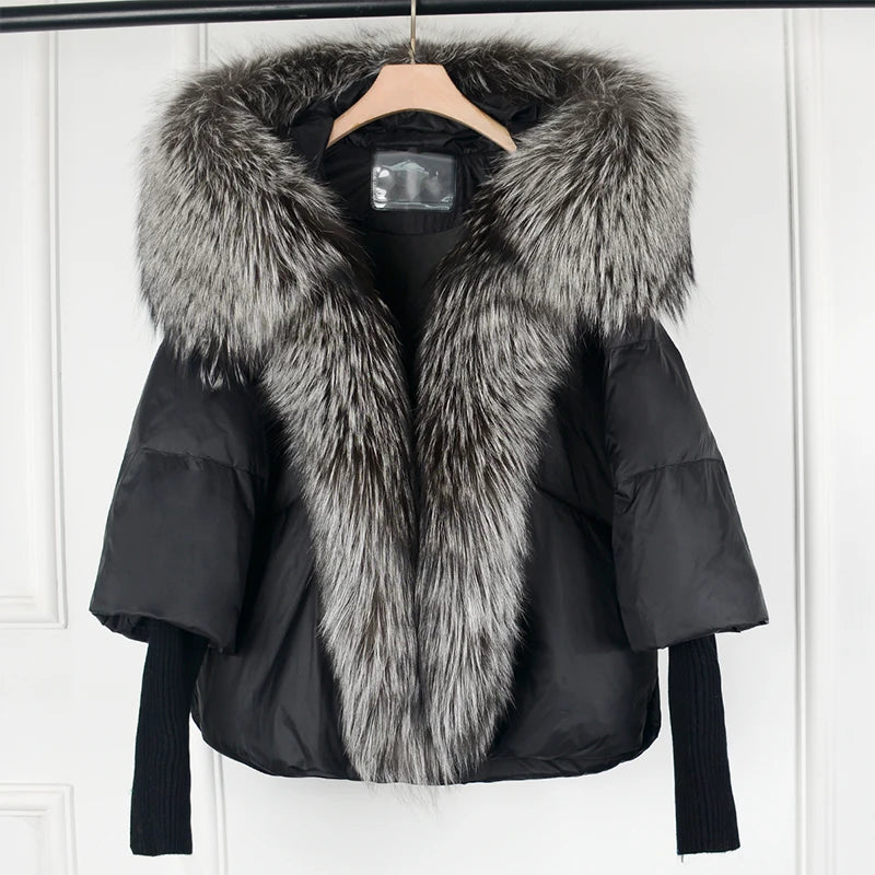 2023 New Winter Large Real Sliver Fox Fur Trim Knitted Sleeve Puffer Jacket Women Loose Thickened Parka Casual Duck Down Coat