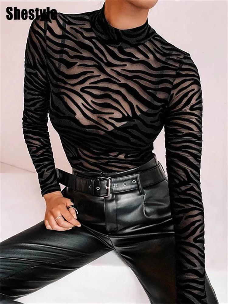 Shestyle Tiger Print Mesh Transparent Body Frauen Schwarz Sexy Mock Neck Taste Langarm Frühling Elastische Punk Körper Schlank