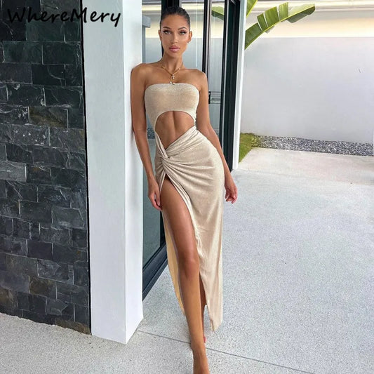 WhereMery Sommer Sexy Ärmel Schlitz Kleid Aushöhlen Dünne Elegante Frauen Lange Kleider 2022 Mode Damen Party Club Vestido