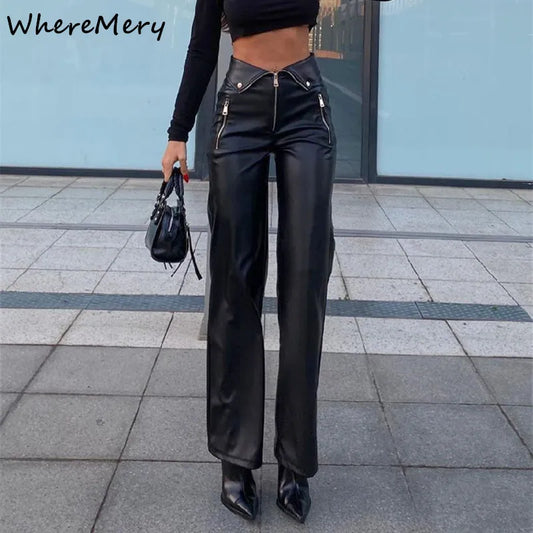 WhereMery Y2K Mode Leder Hose Frauen Hohe Taille Sexy Zipper Gerade Dünne Trousere 2022 Streetwear Winter Damen Schwarze Hosen