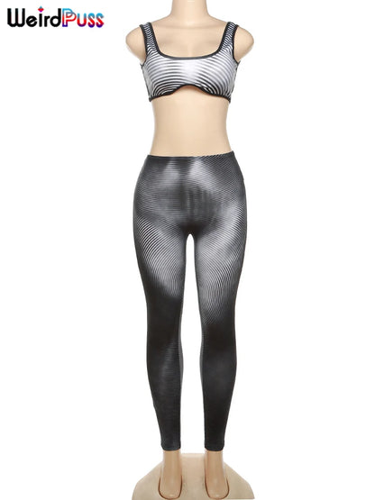 Weird Puss 2-teiliges Set mit Farbverlaufsdruck für Damen, dünnes, gestreiftes Stretch-Tanktop + Leggings, passende lässige, sportliche Streetwear-Outfits