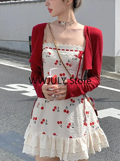 2023 neue Rot Casual Crop Tops Strickjacke Süße Spitze Y2k Mini Kleid Party Sexy Strap Kleid Koreanische Mode Anzug Frau herbst Chic