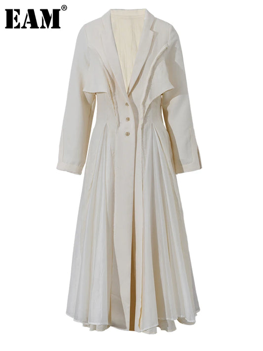 [EAM] femmes Beige plissé lin longue robe élégante nouveau revers cou à manches longues coupe ample mode marée printemps automne 2024 3W6617