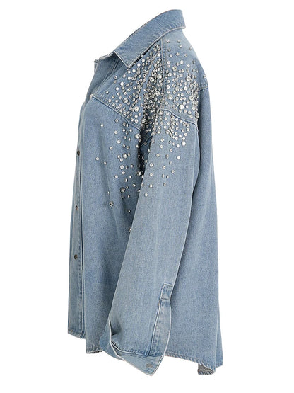 [EAM] Loose Fit Blue Denim Rhinestones Big Size  Jacket New Lapel Long Sleeve Women Coat Fashion Tide Spring Autumn 2024  7AB878