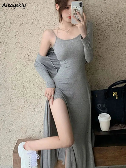 Two Pieces Sets Women Elegant Streetwear Hooded Jackets Side-slit Dresses Spring New Hotsweet Sexy Korean Style Casual Fashion