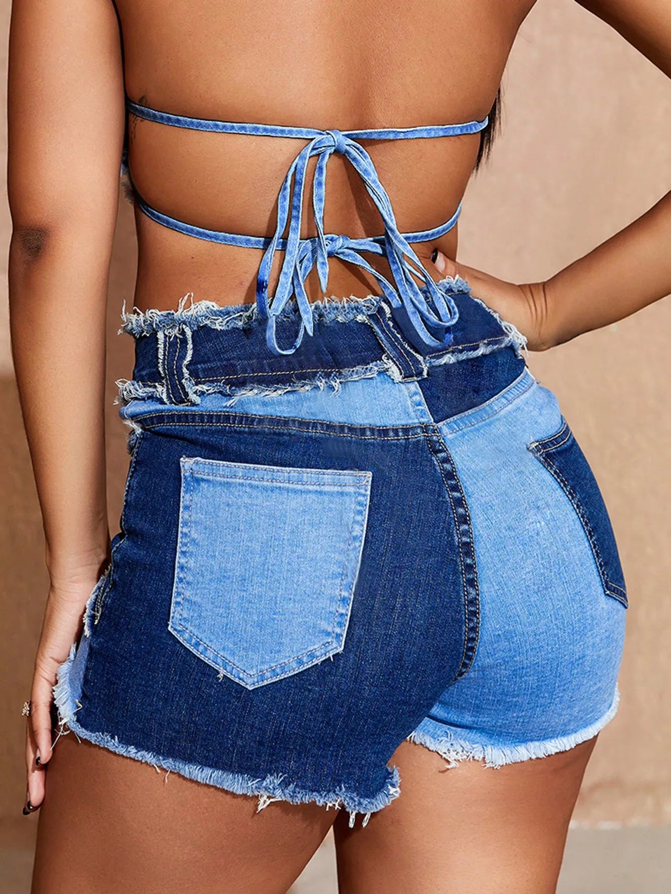 Y2K Women Fashion Slant Pocket Colorblock Raw Trim Straight Denim Shorts Summer Street Versatile Jean Shorts Mujer