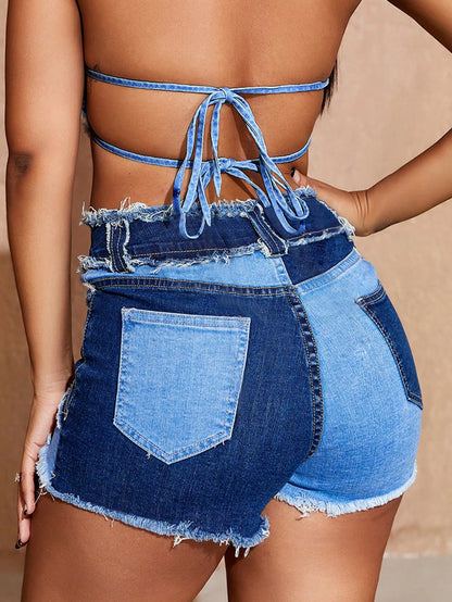 Y2K Women Fashion Slant Pocket Colorblock Raw Trim Straight Denim Shorts Summer Street Versatile Jean Shorts Mujer