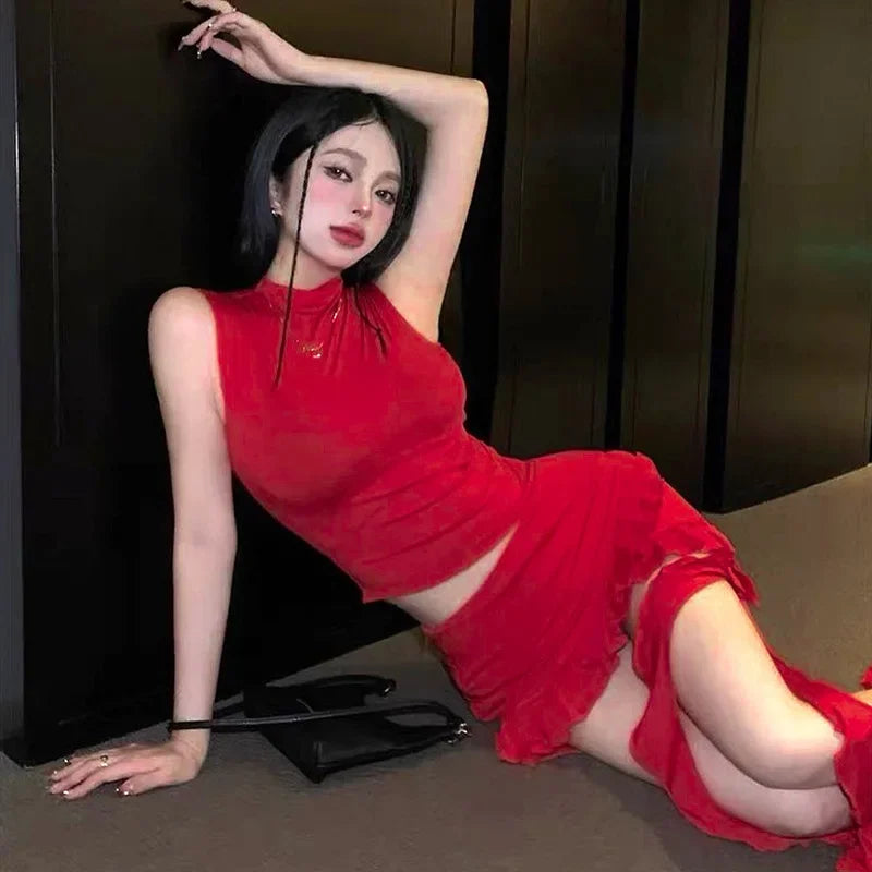 NEONBABIPINK Y2K Sexy Ruffle Cut Out Red Long Dress for Women Elegant Korean Fashion Asymmetrical Dresses Clubwear N85-EZ25