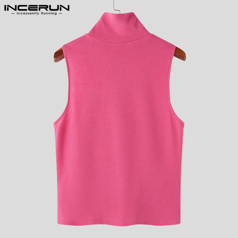 2023 männer Tank Tops Einfarbig Rollkragen Ärmellose Sommer Streetwear Westen Männer Fitness Stilvolle Sexy Casual Crop Tops INCERUN 7