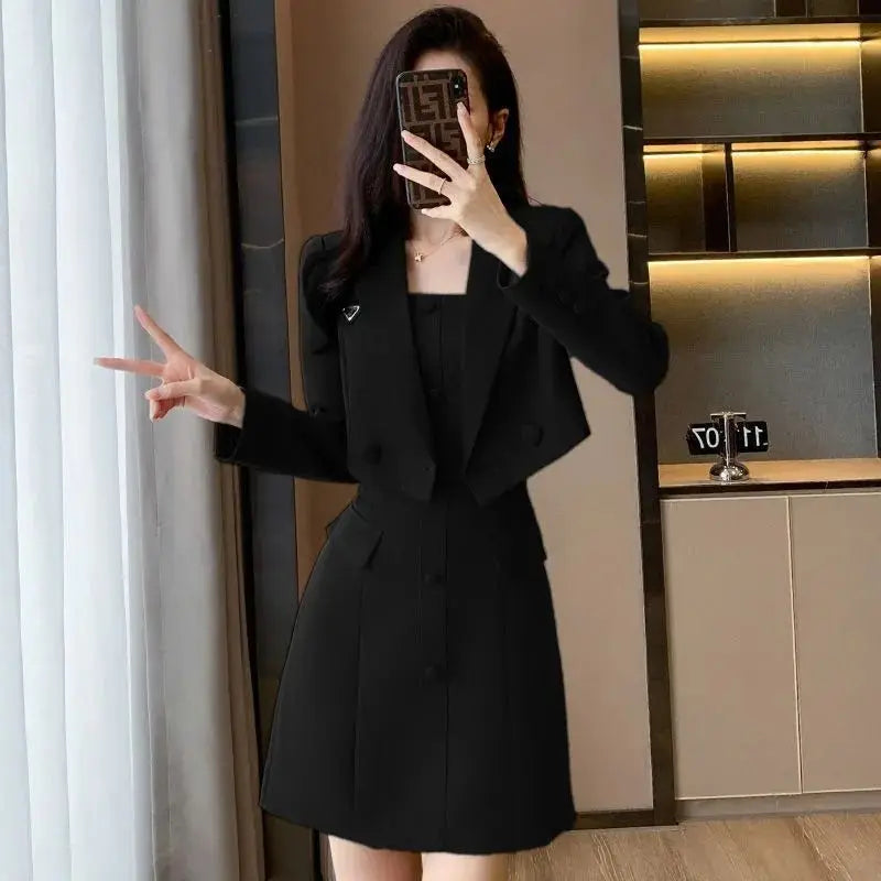 Junge Frauen Zwei Stücke Set Schlank Büro Dame 2023 Frühjahr Neue Hosenträger Kleid Elegante Kerb Blazer Mantel Top Übergroßen 4XL Koreanische