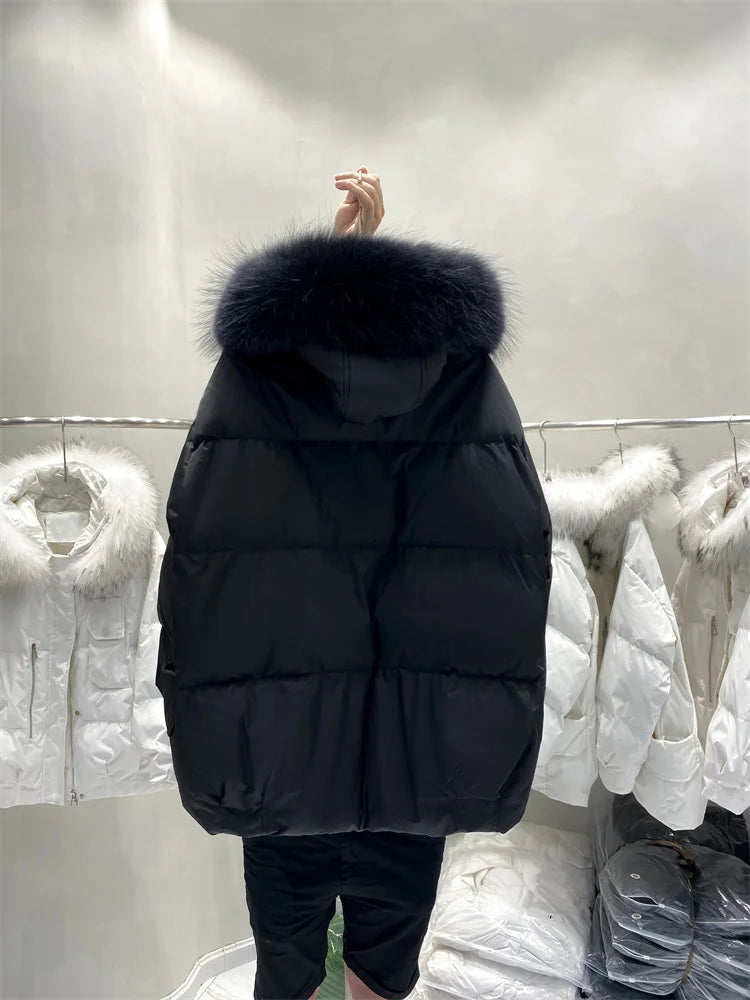 Manteau d'hiver en duvet de canard blanc pour femme, veste bouffante, surdimensionnée, à capuche, épaisse, avec col en vraie fourrure de raton laveur naturel, 2022