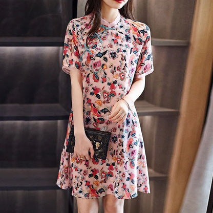 Vintage Printed Spliced Loose Bow Asymmetrical Mini Dress Women's Clothing 2023 Summer New Short Sleeve Office Lady Floral Dress