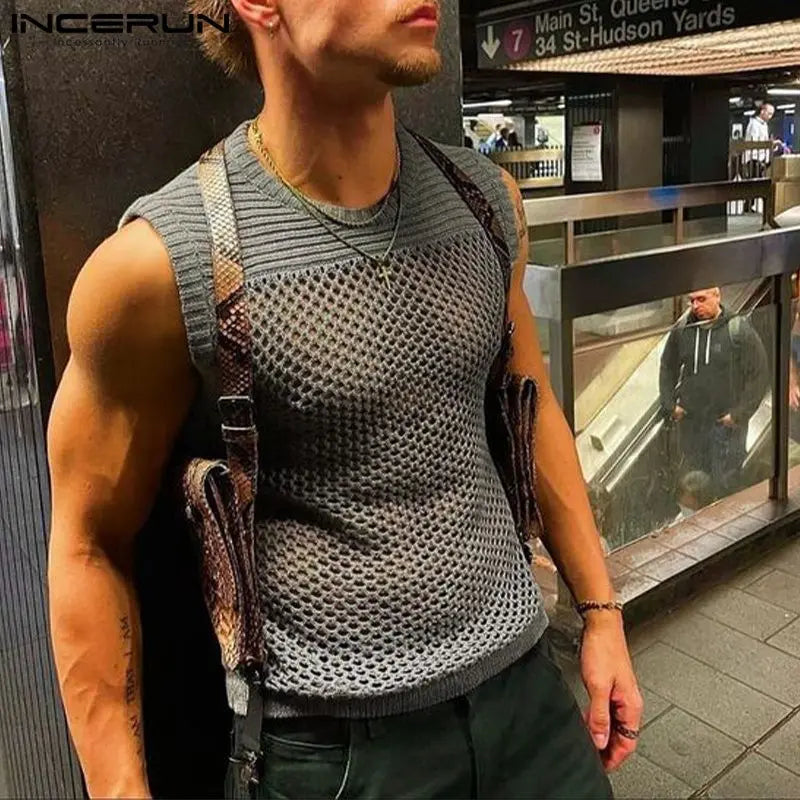 2023 männer Tank Tops Mesh Patchwork Transparent Atmungs Oansatz Ärmellose Sexy Männer Kleidung Sommer Mode Westen S-5XL INCERUN