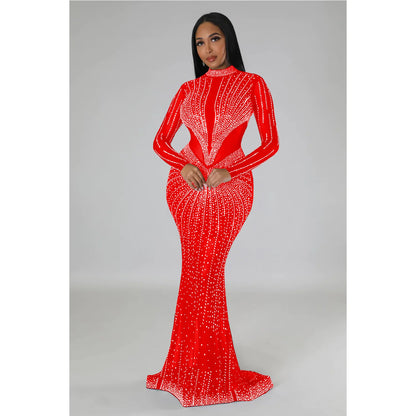 Vêtements 2023 strass maille Patchwork transparent transparent manches longues Midi moulante Maxi robe pour les femmes anniversaire Sexy fête