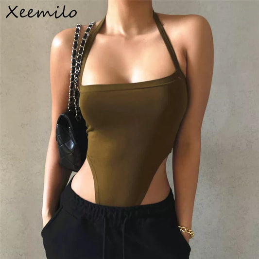 Xeemilo Sexy Off Shoulder Halter Summer Bodysuit Y2K Bodycon Backless One Piece T Shirt Casual Streetwear Slash-neck Bodysuits