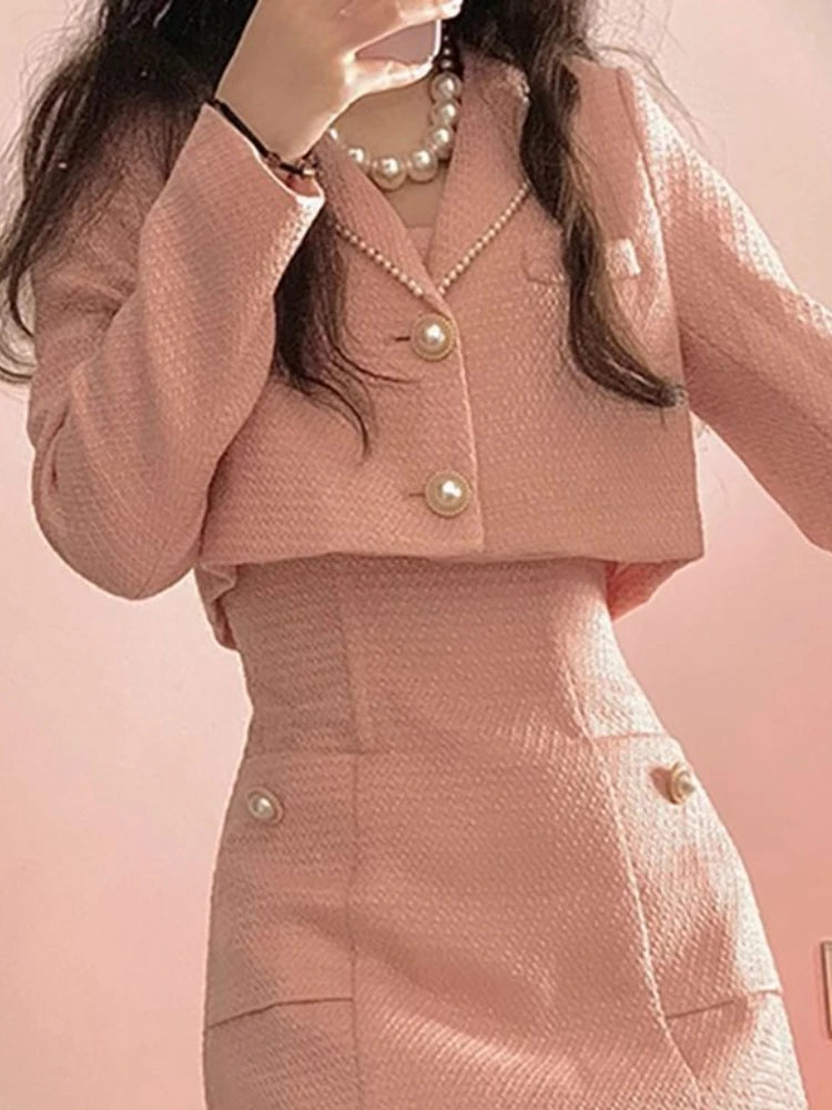 Autumn Pink Elegant Two Piece Set Women Korean Style Balzer Coat+Strap Mini Dress Set Female Solid Casual Slim Designer Set 2024