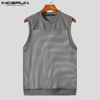 2023 männer Tank Tops Mesh Patchwork Transparent Atmungs Oansatz Ärmellose Sexy Männer Kleidung Sommer Mode Westen S-5XL INCERUN