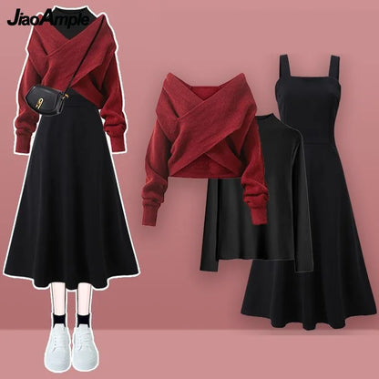 2023 Herbst/Winter Neue Koreanische Elegante Passenden Set Damenmode Kreuz Stricken Pullover + Unterhemd + Trägerkleid Dreiteiliger Anzug