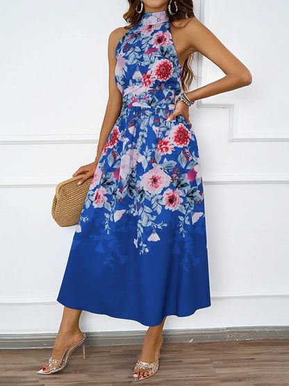 Robe Maxi longue imprimée à col licou pour femmes, élégante, nouvelle mode d'été, taille imprimée, Slim, sans manches, robe de plage pour femmes