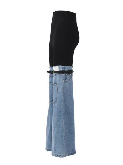 [EAM] High Waist Blue Color-block Denim Long Wide Leg Jeans New Loose Women Trousers Fashion Tide Spring Autumn 2024 17A2013H01