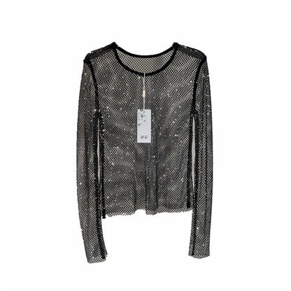 Autumn and Winter New Style Bright Diamond Sexy Mesh See-through Slim Thin Bottoming Shirt Hollow Long-sleeved T-shirt Women