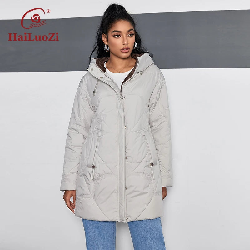 HaiLuoZi 2024 Neue Frühjahr frauen Mantel Mid-Lange Dünne Baumwolle Schlank Parkas Schräg Taschen Mit Kapuze Zipper Stil Frauen Jacke 12113