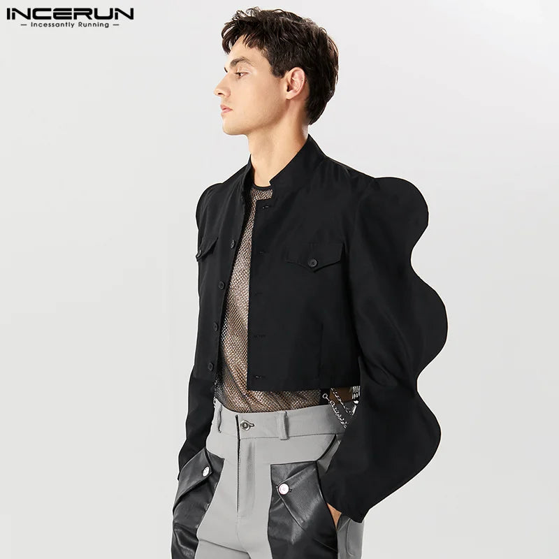 INCERUN – vestes à col montant pour hommes, couleur unie, manches longues, vêtements d'extérieur fins, Streetwear, simple boutonnage, manteaux courts à la mode, 2023