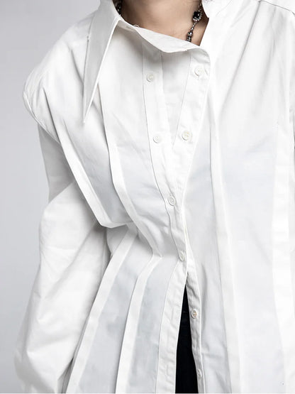 [EAM] femmes blanc irrégulière plissé longue Blouse nouveau revers à manches longues coupe ample chemise mode marée printemps automne 2024 1DF6923