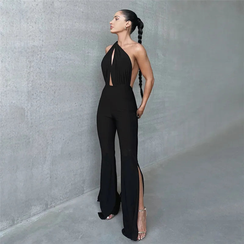 Cryptographic Deep V Wrap Around Halter Sexy Backless Flare Pants Jumpsuits Fashion Outfits for Women One-Piece Rompers Overalls