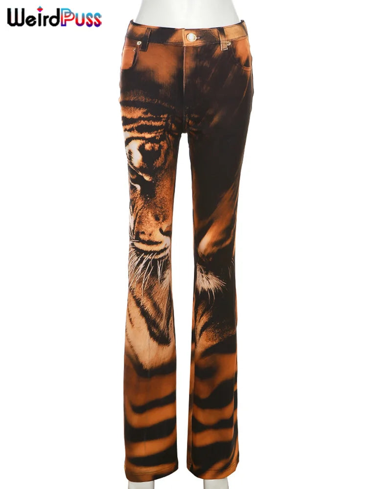 Seltsame Puss Tiger Print Flare Hosen Frauen 2023 Y2K Sommer Trend Dünne Elastische Wilden Casual Streetwear Grundlegende Hohe Taille Hose