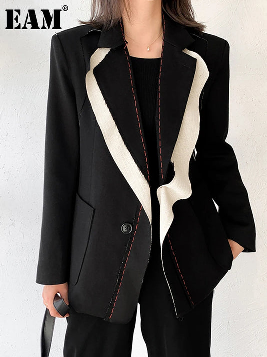 [EAM] Frauen Schwarz Kontrast Farbe Grat Blazer Neue Revers Lange Hülse Lose Fit Jacke Mode Flut Frühling Herbst 2024 1W519