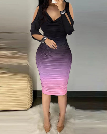 Autumn Elegant Cold Shoulder Party Tight Dress Women Fashion V-Neck Hollow Out Diamond Long Sleeve Ruched Bodycon Dress Woman