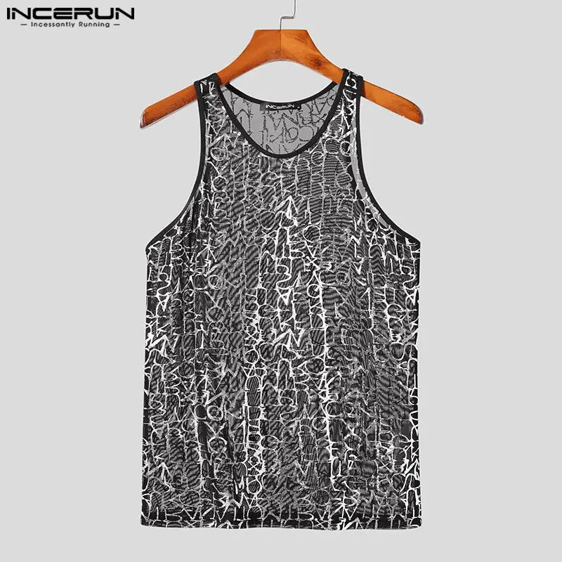 2023 männer Tank Tops Mesh Transparent Druck Oansatz Sexy Ärmellose Mode Westen Fitness Streetwear Shiny Männer Kleidung INCERUN