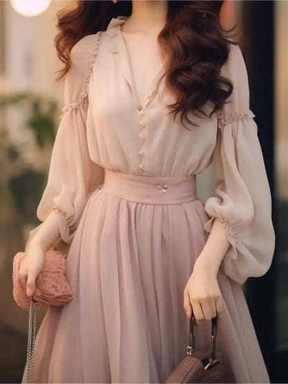 Women's Two-piece Shirt Skirt Set Autumn New Style Fashion Suit V-neck Shirts+Elastic Midi Skirts Pink Chiffon Elegant Clothing