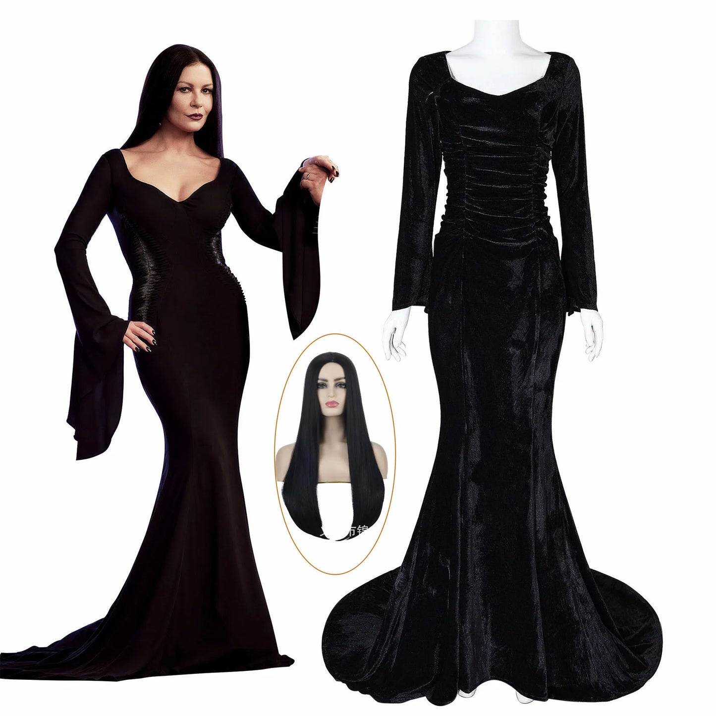 Disfraz de Cosplay de Morticia pour femmes, robe noire Sexy ajustée, robe de nuit de fête pour Halloween et Carnaval Cos