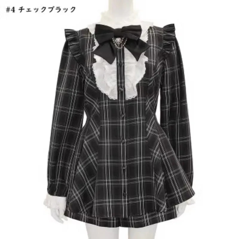 Tenues douces SC costume japonais Mine Plaid chemise à manches longues amour coeur nœud papillon chaîne produit en série robe et jupe-culotte ensemble