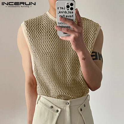 2023 männer Tank Tops Patchwork Mesh Transparente Spitze Streetwear Oansatz Ärmellose Westen Sexy Mode Männer Kleidung S-5XL INCERUN 7