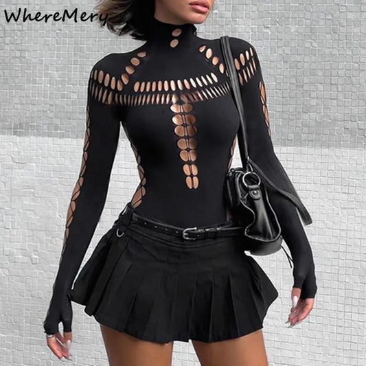 WhereMery Solide Aushöhlen Hoher Kragen Body Sexy Bodycon Dünne Lange Ärmel T Shirts Frauen Gothic Punk Streetwear Bodys